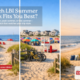 Three-panel Long Beach Island summer beach scene with company branding, showing early summer, peak summer, and late summer vacation timing.