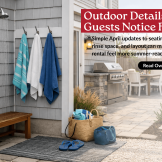 Outdoor shower, towel hooks, grill area, dining space, and seating at a shore rental home prepared for summer guests.