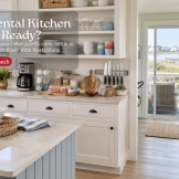 Organized Long Beach Island vacation rental kitchen prepared for summer guests with coffee setup, dishware, grilling tools, and coastal views.