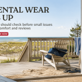 Late-July LBI vacation rental deck showing sand, outdoor seating, a sliding door, and signs of midseason wear