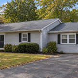 Light-gray ranch with an attached wing, asphalt driveway, and early fall trees in a fictional mainland New Jersey neighborhood.