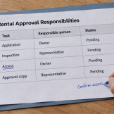 Hand writing “Confirm access” on an LBI rental approval planning sheet with tasks assigned to an owner or representative.