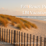 Early fall dunes and beach fence on Long Beach Island with text ‘Fall Reset: Prep Your LBI Vacation Rental.’