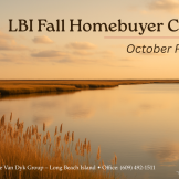 Autumn marsh reeds and calm bay water at sunset with headline ‘LBI Fall Homebuyer Checklist — October Field Test.
