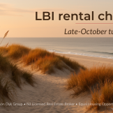 Late-October dunes and boardwalk on Long Beach Island with headline text ‘LBI rental checklist—Late-October turnover reset’.