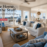Open-plan furnished Long Beach Island shore home with living room, dining area, kitchen, and deck seating in late summer
