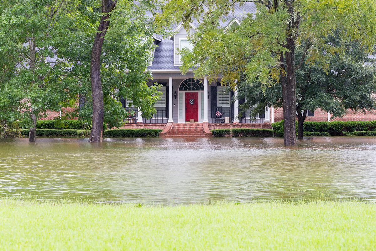 High water and flooded house in Houston suburbs during Hurricane Harvey
