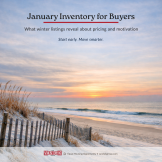Empty winter beach on Long Beach Island with dune fence and waves, header graphic for January inventory for buyers market insights.