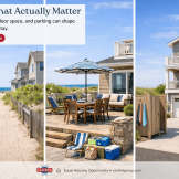 Three-panel Long Beach Island rental graphic showing beach walkability, outdoor living space, and parking for summer vacation planning.