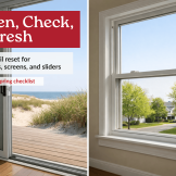 Split-scene spring home image showing an open coastal sliding glass door and an inland open window, illustrating an April reset for windows, screens, and sliders.