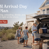 LBI vacationers unloading groceries, beach gear, and luggage at a shore rental on check-in day.