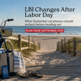 Long Beach Island beach access with bicycle and beach gear for September vacation planning after Labor Day