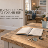Coastal rental interior with cleaning supplies, keys, maintenance tools, and a vendor checklist prepared for a September debrief.