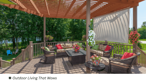 Spring outdoor living space with deck and patio in a Long Beach Island home