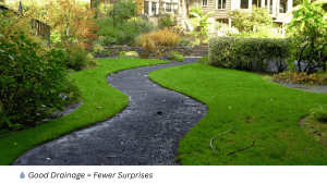 Front yard with good drainage and spring landscaping in a coastal home