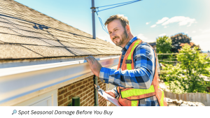 Inspector examining roof and gutters for spring maintenance issues