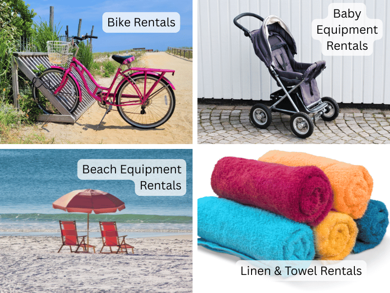 Collage showing bike, beach chair, baby equipment, and linen rentals on Long Beach Island