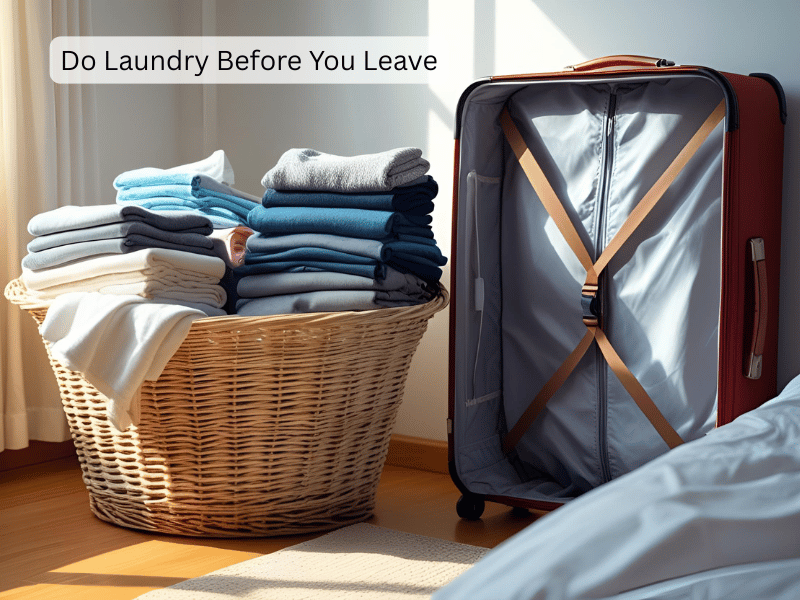 Freshly folded clothes next to a suitcase – helpful LBI packing tip for easy unpacking