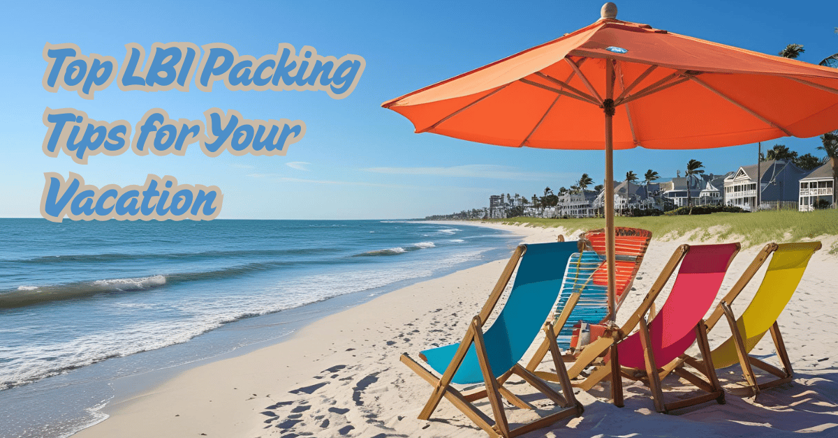 Sunny Long Beach Island beach with colorful umbrellas and chairs — LBI vacation rental packing tips