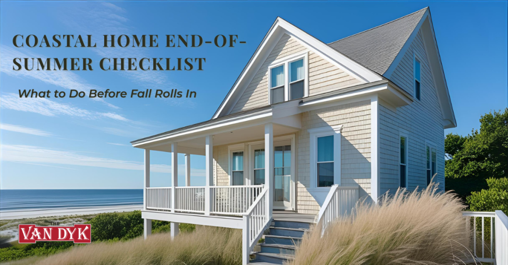 Coastal home in late summer with porch and blue sky, representing end-of-summer maintenance checklist
