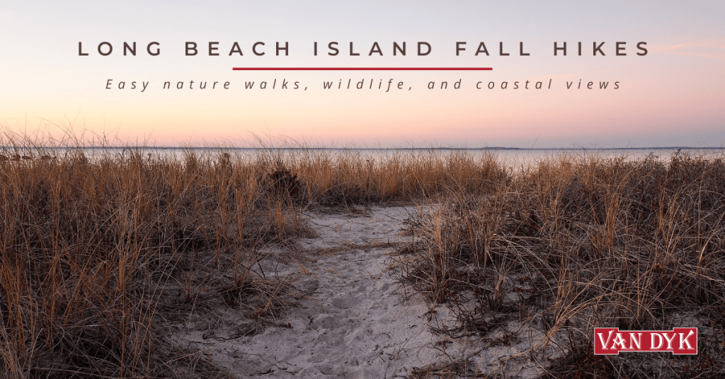 Golden hour over dune grass and lighthouse on Long Beach Island—ideal fall hiking backdrop.