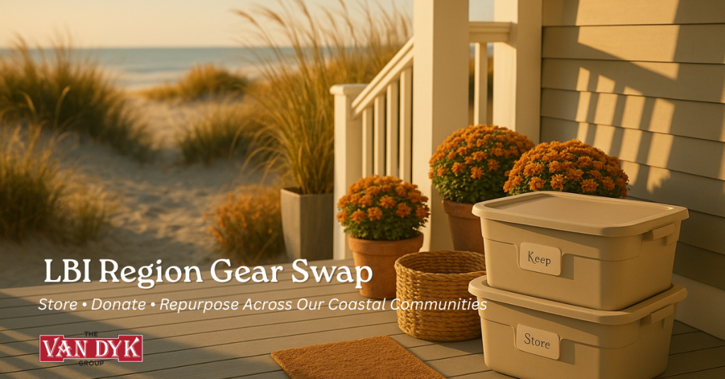 Coastal porch with labeled storage bins—header for LBI Region October gear swap for island and mainland homeowners.