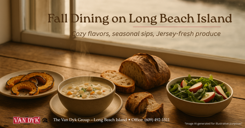 “Autumn meal arranged on a rustic table with a softly blurred coastal water view in the background; overlay reads ‘fall dining on Long Beach Island.