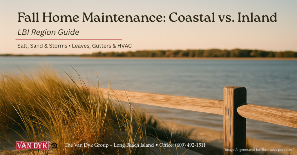 Fall home maintenance header for the Long Beach Island Region: coastal dunes and bay with text ‘Fall Home Maintenance: Coastal vs. Inland’.