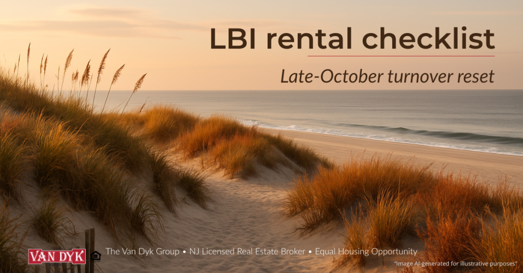 Late-October dunes and boardwalk on Long Beach Island with headline text ‘LBI rental checklist—Late-October turnover reset’.