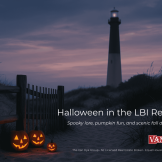 Halloween on Long Beach Island (LBI) at twilight with lighthouse silhouette, dune fence, and carved pumpkins glowing.