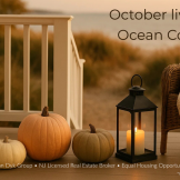 October sunset over Ocean County coastline with dune fence and tall marsh grass; blog header reading ‘October living in Ocean County — Weekend Playbook for Sellers