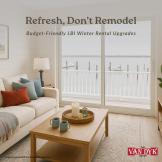 “Cozy coastal living room showing budget-friendly LBI winter rental upgrades like fresh linens, warm lighting, and smart TV in a Long Beach Island vacation home.”