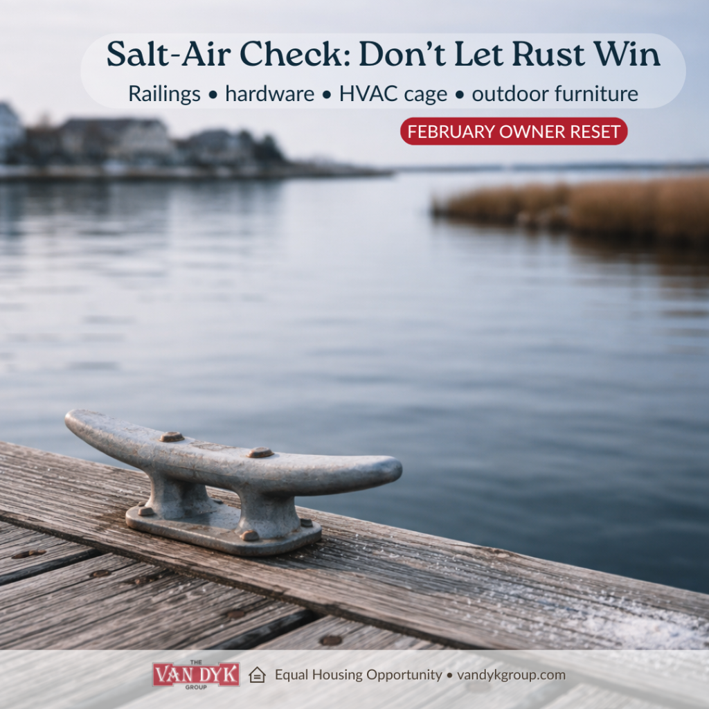 Close-up of dock hardware by an LBI lagoon in winter, illustrating a salt-air wear check for vacation rental readiness.