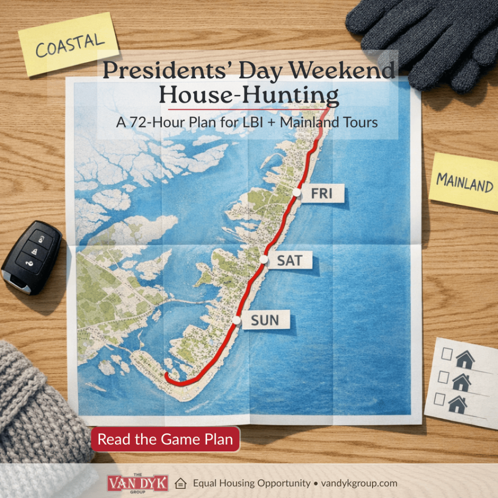 Presidents Day weekend house-hunting 72-hour tour plan map for Long Beach Island and mainland New Jersey buyers.
