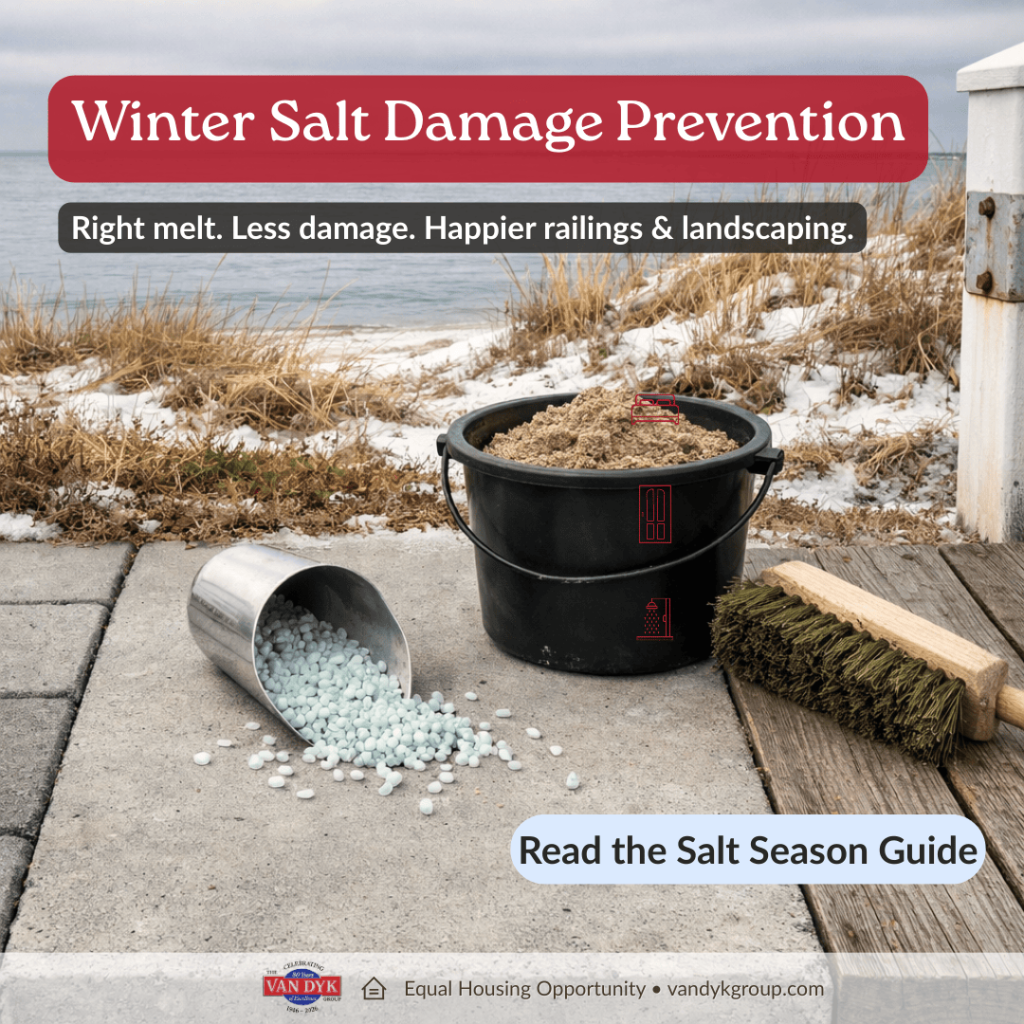 Winter salt damage prevention on Long Beach Island: de-icer pellets, sand, and brush on pavers, concrete, and deck boards with coastal dunes and hardware corrosion.