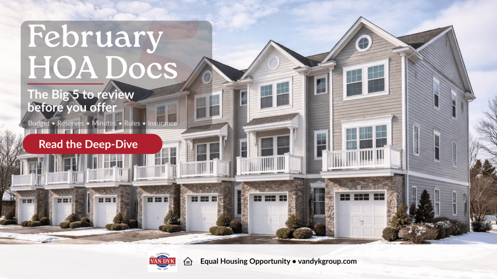 “Manahawkin NJ townhomes in winter with February HOA document checklist headline for condo and townhome buyers near Long Beach Island.”