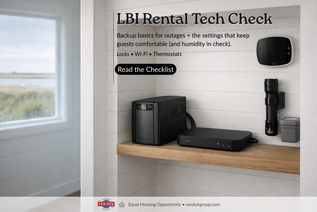 Storm-ready tech nook in an LBI vacation rental with backup power, Wi-Fi router, and thermostat to prevent summer guest issues.