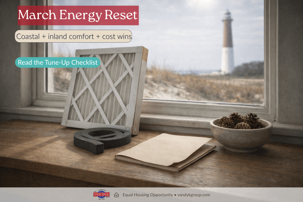 Photo of a coastal NJ home energy tune-up setup—smart thermostat, HVAC filter, and weatherstripping—with Barnegat Lighthouse visible outside on a March morning.