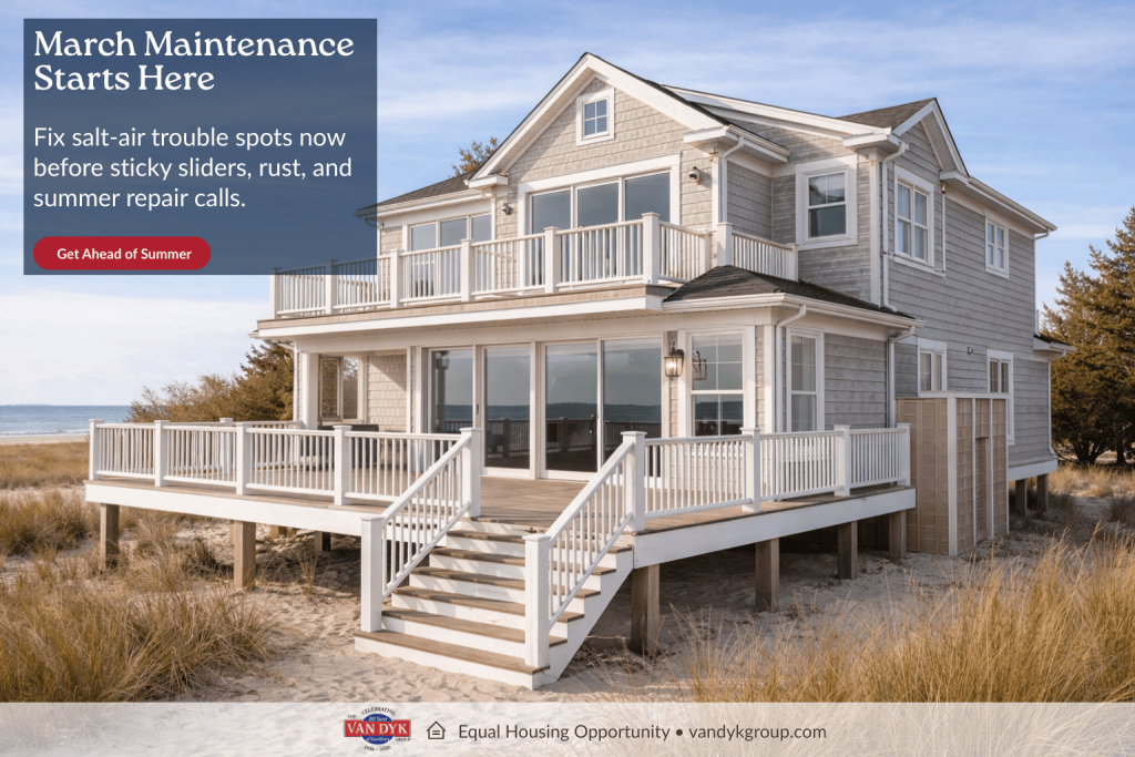 LBI vacation rental maintenance image showing a coastal Long Beach Island-style rental home in March with sliders, deck railings, outdoor lighting, and exterior hardware.