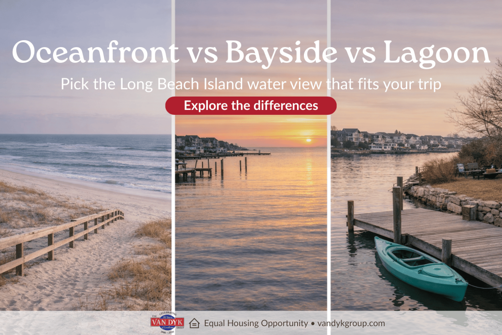 Header image comparing oceanfront, bayside, and lagoon rental settings on Long Beach Island in an early spring coastal scene.