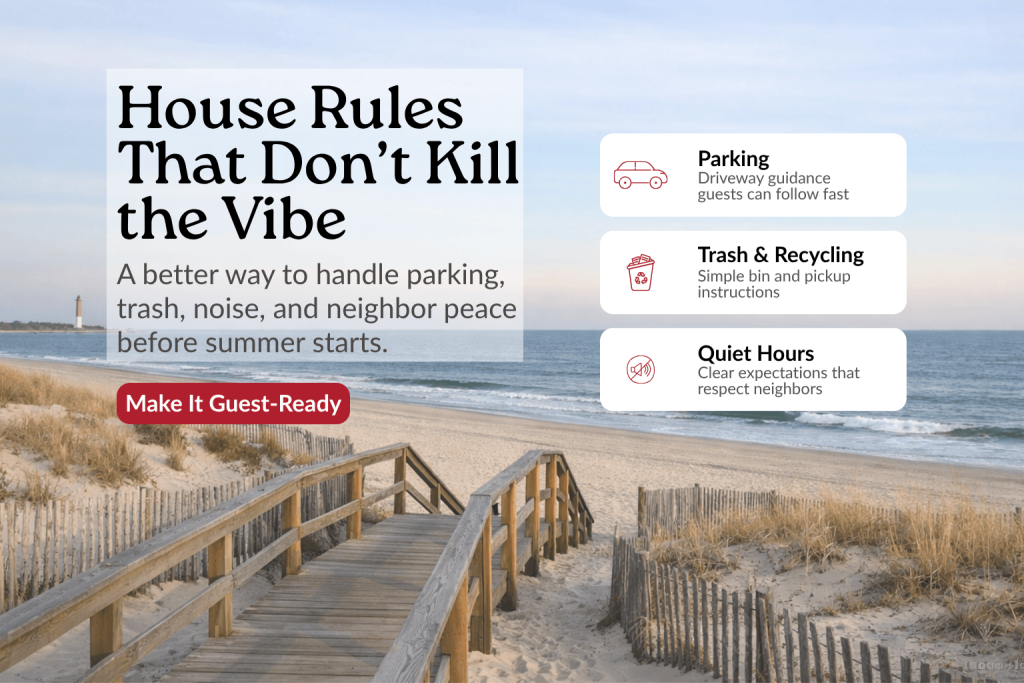 Long Beach Island beach background with a blog graphic about vacation rental house rules, including parking, trash and recycling, and quiet hours.