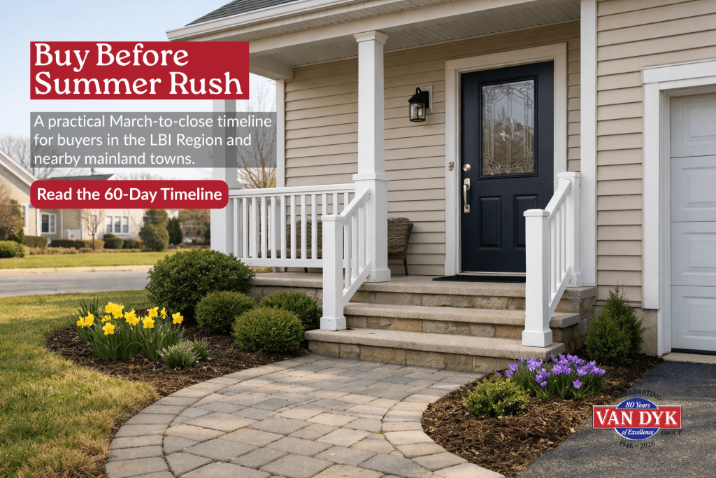 Mainland LBI Region home in late March with a covered entry, paver walkway, and early spring flowers, promoting a homebuying timeline before summer.