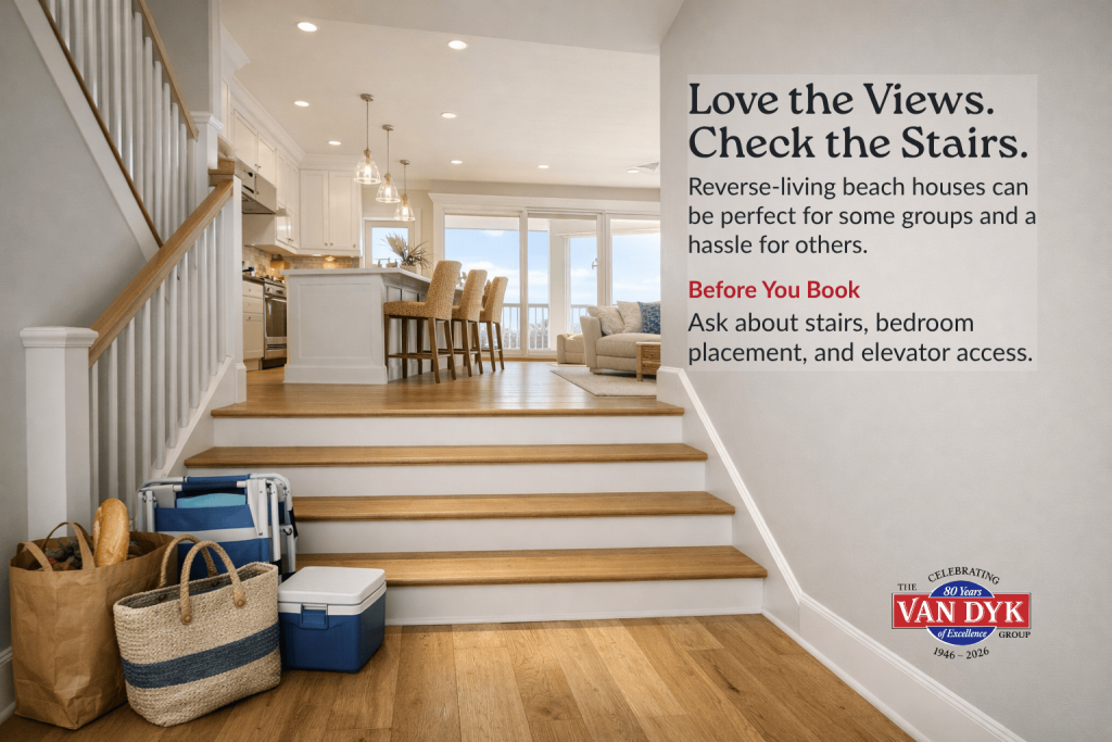 Reverse-living beach house interior on Long Beach Island with stairs leading to an upstairs kitchen and living area, with grocery bags and beach gear at the base.