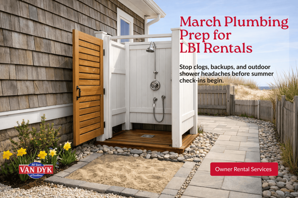 Outdoor shower beside a Long Beach Island vacation rental home in early spring, showing plumbing prep, drainage, and sand-control features before summer guests arrive.