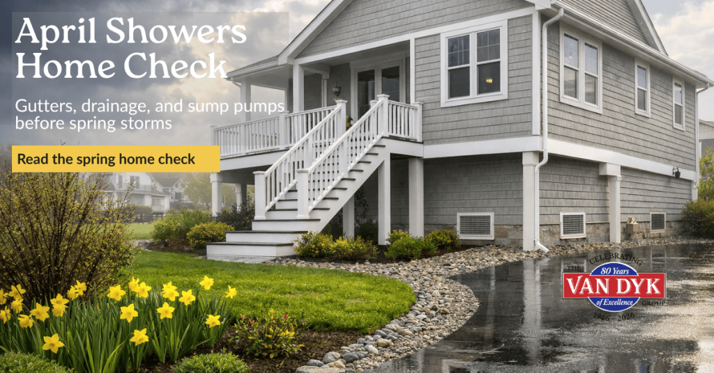 April home drainage check graphic showing an elevated coastal-style home in spring rain with visible gutters, drainage features, wet driveway, and daffodils
