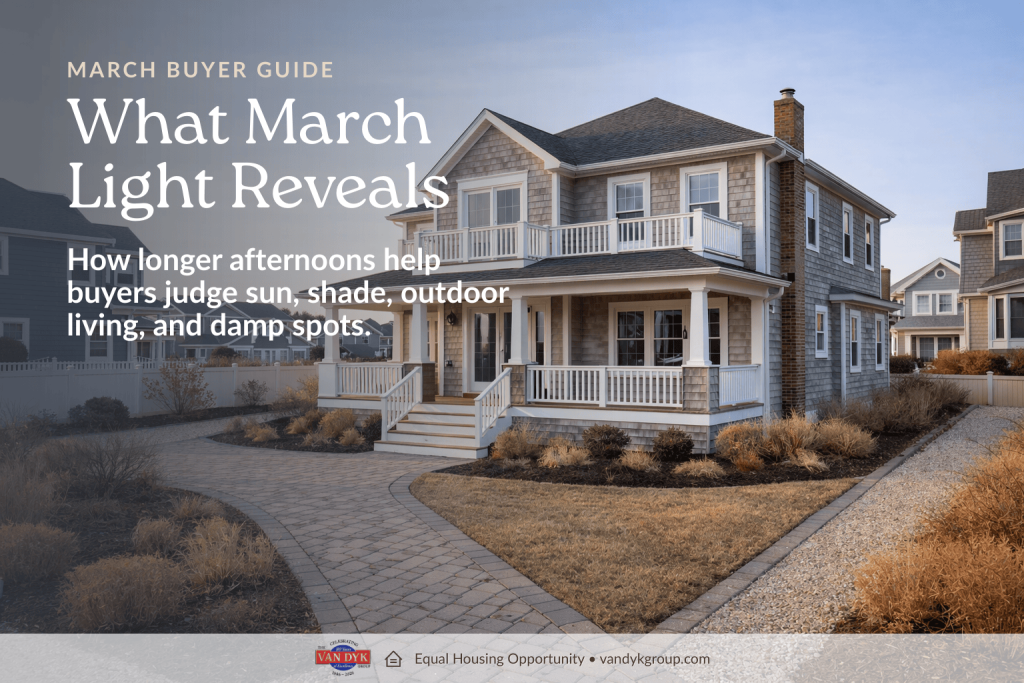 Early-March LBI-region home with late-afternoon light, paver walkway, gravel accents, and coastal-style landscaping illustrating how spring showings reveal sun, shade, and outdoor-living conditions.