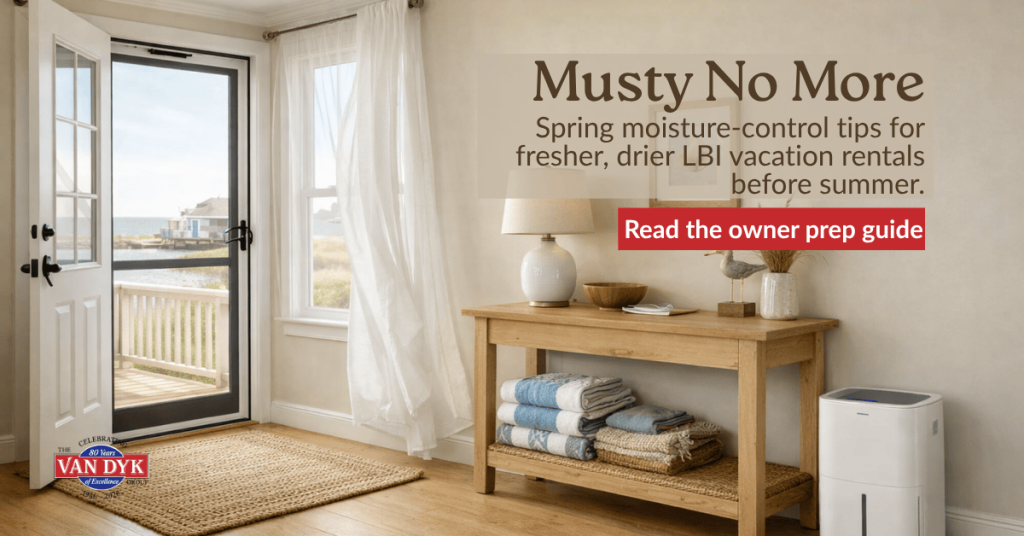Open entryway of a coastal LBI vacation rental with fresh airflow, folded towels, and a dehumidifier, illustrating spring moisture control before summer.