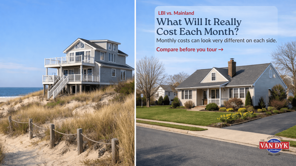 Split-image header showing an elevated coastal home on Long Beach Island beside a mainland South Jersey home, illustrating how monthly ownership costs can differ by location.