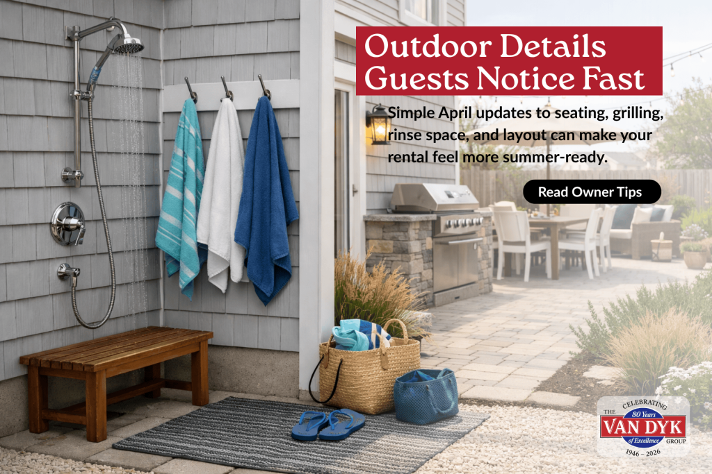 Outdoor shower, towel hooks, grill area, dining space, and seating at a shore rental home prepared for summer guests.