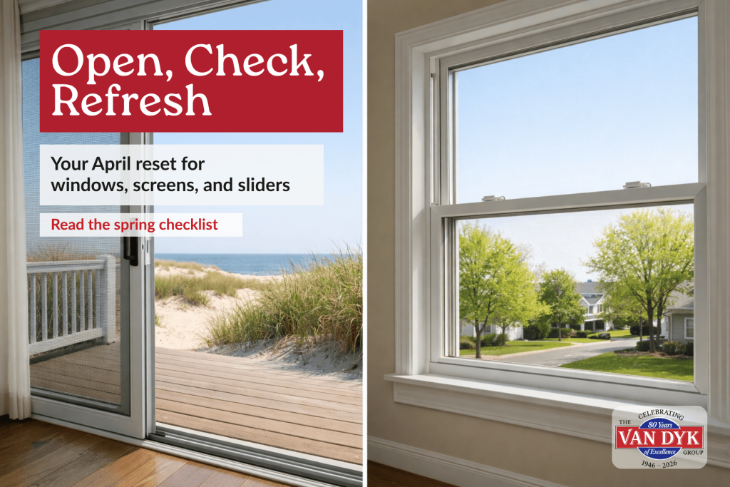 Split-scene spring home image showing an open coastal sliding glass door and an inland open window, illustrating an April reset for windows, screens, and sliders.